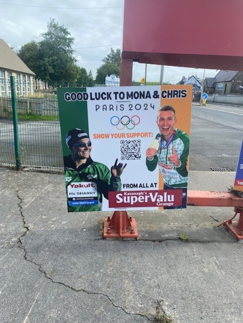 A sign in Grange, Co Sligo supporting local Olympians Mona McSharry and Chris O'Donnell