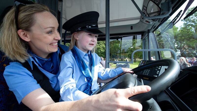 Naoise O Molloy  (5) from Trim, Co Meath, with Dublin Bus driver Suzanne Armstrong at the launch of the new recruitment campaign. Photograph: Tom Honan/The Irish Times.