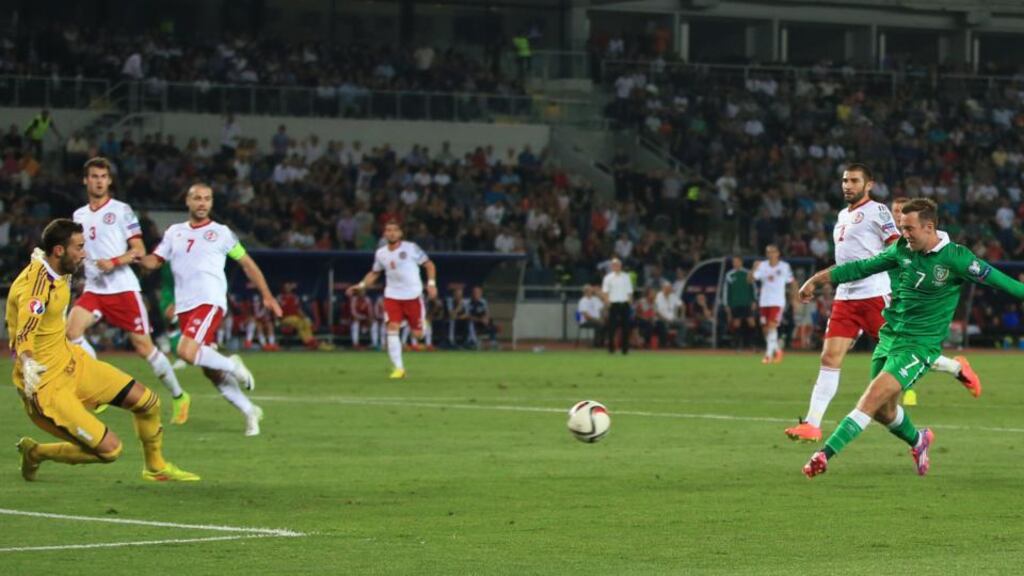 Aiden McGeady opens the scoring the Republic of Ireland in their Euro 2016 qualifying, Group D match at the Boris Paichadze Dinamo Arena in Tbilisi. Photograph: Nick Potts/PA