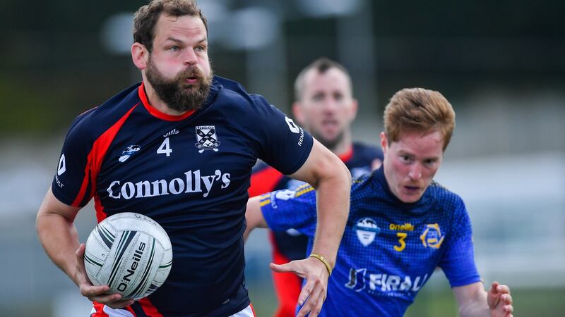 Brock Norris of Charlotte James Connollys (left) in action against Yann Planton of Western Europe in their Men’s Football Native Born tournament game. Photograph: Piaras Ó Mídheach/Sportsfile