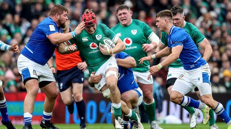 Josh van der Flier runs at the Italian defence during the Six Nations game at the Aviva Stadium. Photograph: Dan Sheridan/Inpho