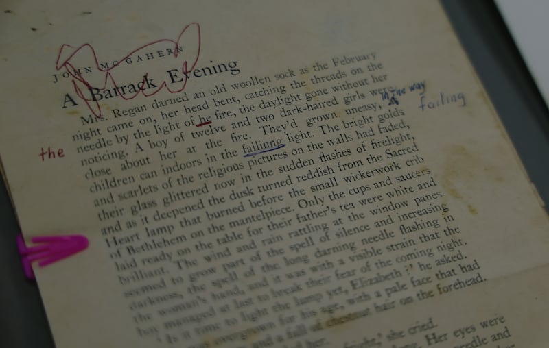 Early edition of John McGahern’s The Barracks  with corrections by the author. Photograph: Bryan O’Brien/The Irish Times 