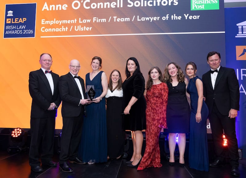 Richard Hammond, solicitor and partner at Hammond Good and chair of the judging panel of the Leap Irish Law Awards; Noel Kileen, special reports sales manager at Business Post; Anne O’Connell, principal at Anne O’Connell Solicitors; Jenny Wakely, senior associate at Anne O'Connell Solicitors; Ethna Dillon, solicitor at Anne O'Connell Solicitors; Laura Killelea, senior associate at Anne O'Connell Solicitors; Tara Kelly, solicitor at Anne O'Connell Solicitors; Hannah Smullen, legal executive at Anne O'Connell Solicitors; and Anton Savage, MC of the night. Photograph: Paul Sherwood