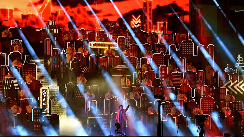 The Weeknd performs onstage during the  Super Bowl halftime show in  February.  Photograph:  Kevin Mazur/Getty  for TW