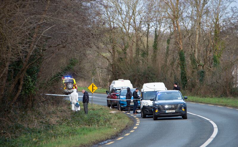 Gardai at the location where skeletal remains were found on scrubland just off the main Midleton to Whitegate road, about 3km from Saleen village, in Cork on Monday. Photograph: Michael Mac Sweeney/Provision