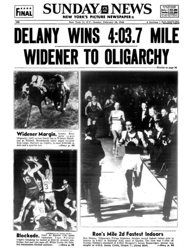 A back-page report of February 23rd, 1958 reads: 'Ron Delany, Villanova's Flying Irishman, finishes second fastest indoor mile in history in 4:03.7 in National AAU meet at Garden.' Photograph: NY Daily News Archive/Getty