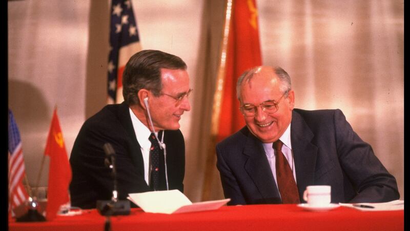 US president George Bush Snr and Soviet leader Mikhail Gorbachev at a press conference after the USSR-US summit in Malta in 1989. Photograph: Dirck Halstead/The LIFE Images Collection/Getty Images