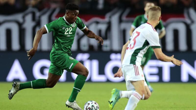 Chiedozie Ogbene runs at the Hungary defence during the international friendly at the  Szusza Ferenc Stadion in Budapest back in June. Photograph:  Attila Trenka/Inpho