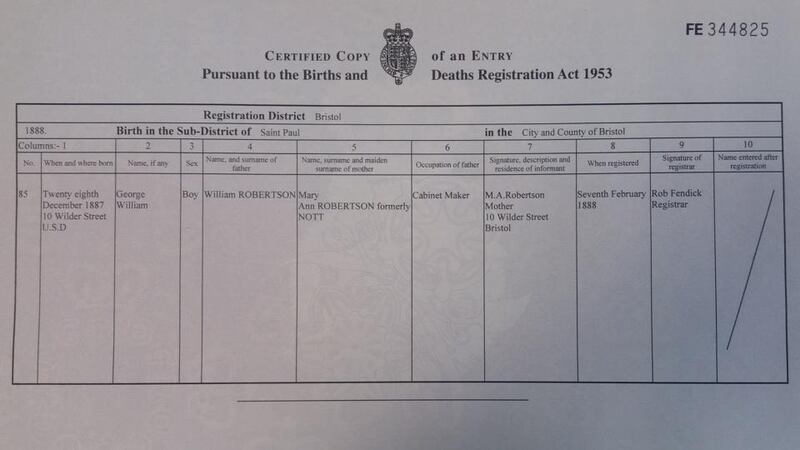 Emmanuel Macron is one-eighth English. This is the birth certificate of his English great-grandfather, George William Robertson. Photograph: Lara Marlowe
