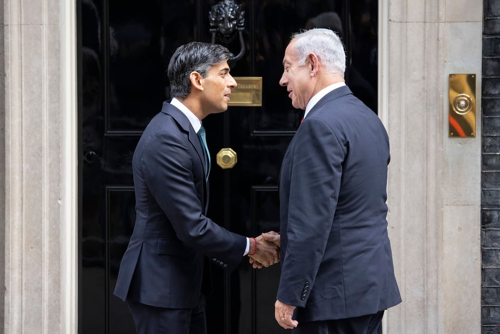 British prime minister Rishi Sunak welcomes Israeli prime minister Benjamin Netanyahu to 10 Downing Street in London. Photograph: Tolga Akmen/EPA