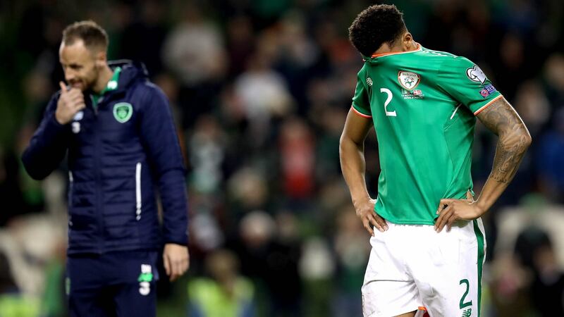 A dejected  Cyrus Christie  after the second leg of the World Cup playoff against Denmark at the Aviva stadium in November. Photograph: Ryan Byrne/Inpho