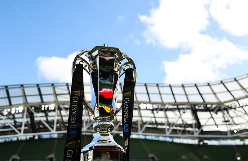 A view of the Guinness Six Nations trophy in the Aviva Stadium ahead of the game. Photograph: Inpho