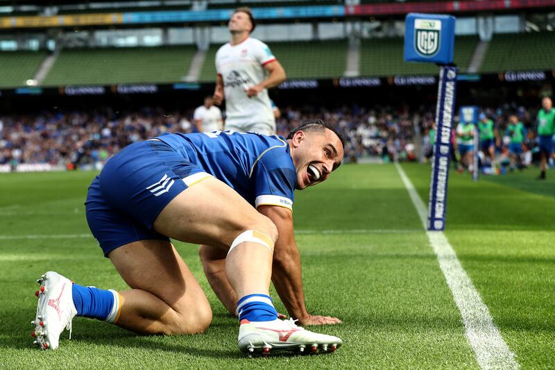 James Lowe celebrates after scoring his team's third try. Photograph: Ben Brady/Inpho