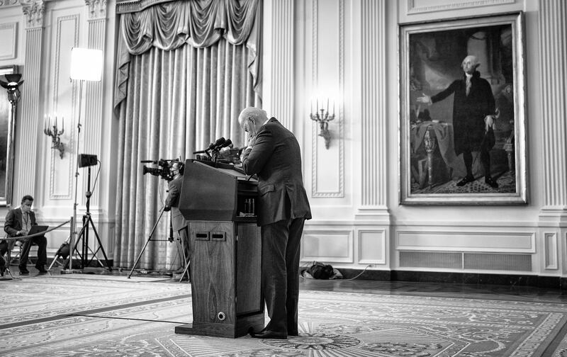 Joe Biden pauses while speaking from the White House in 2021, about the unfolding situation in Afghanistan. Photograph: Doug Mills/New York Times
                      