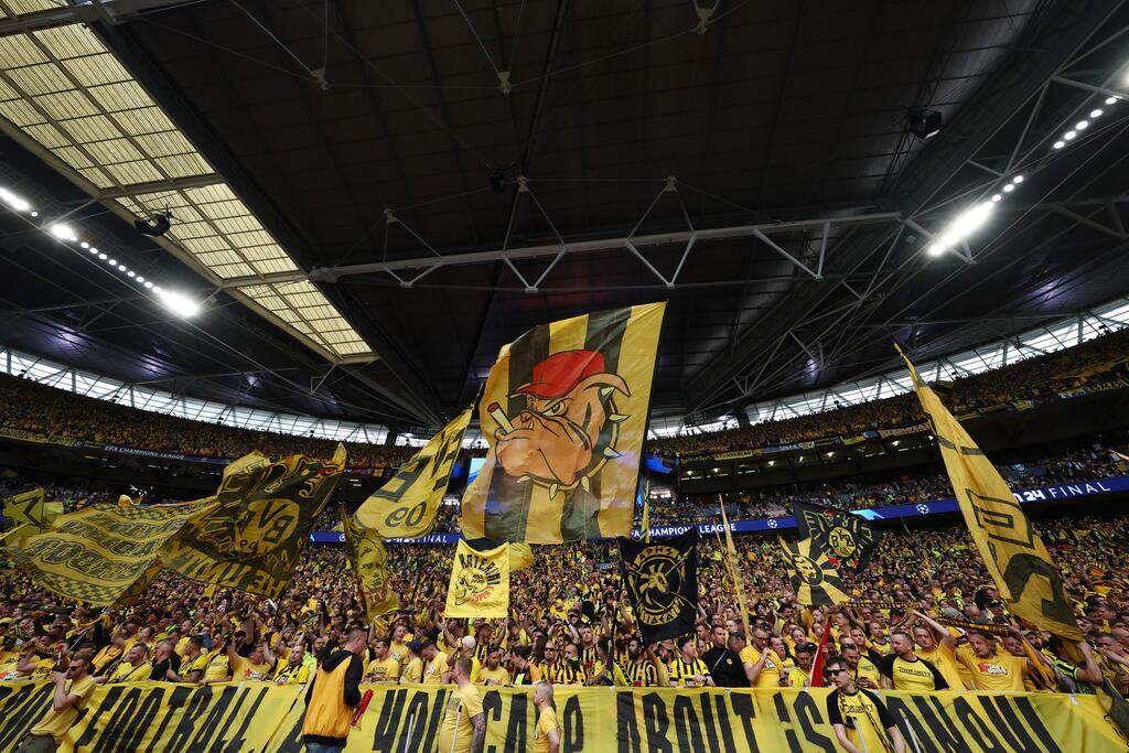 The inside of Wembley stadium as Dortmund fans enjoy the pre-match atmosphere before this year's Champions League final against Real Madrid on Saturday. Photograph: Alex Pantling/Getty Images