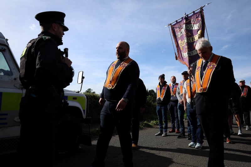 A march of members of the Orange Order is blocked by police near Drumcree Church on Monday. Photograph: Reuters/Cathal McNaughton