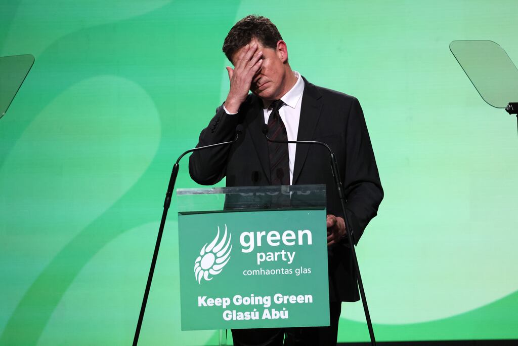 Green Party leader Eamon Ryan, during the leaders speech, at the party convention in the RDS, Dublin on Saturday. Photograph: Dara Mac Dónaill/The Irish Times