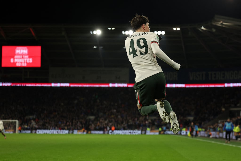 Alejandro Garnacho celebrates scoring Chelsea's third goal. Photograph: Adrian Dennis/AFP via Getty Images