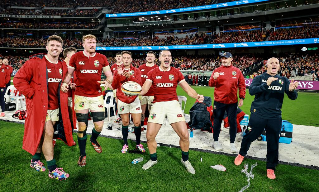 Lions players celebrate at the final whistle of the second Test against Australia at the MCG. Photograph: Dan Sheridan/Inpho