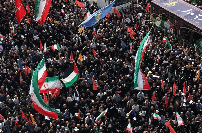 Iranians attend a funeral ceremony for Iranian generals and scientists who were killed in recent Israeli airstrikes in Tehran. Photograph: Abedin Taherkenareh/EPA