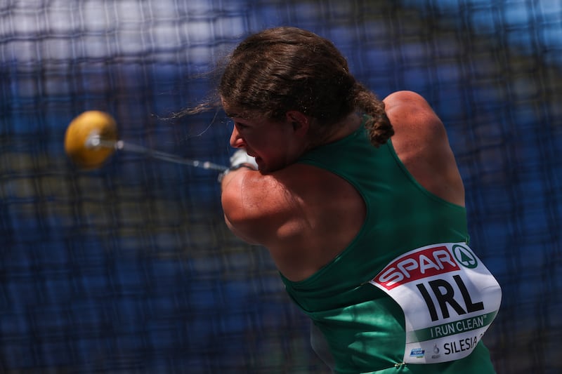 Nicola Tuthill competing in the women's hammer throw during the 2023 European Games in Poland. Photograph: Dean Mouhtaropoulos/Getty Images for European Athletics