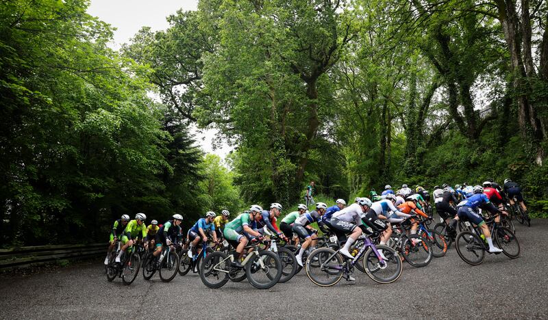 The main bunch on the road to Banteer during stage two of the Rás Tailteann. Photograph: Lorraine O'Sullivan