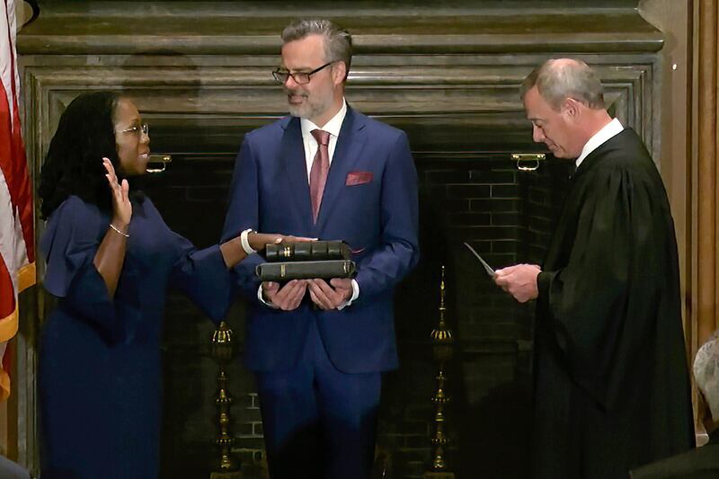 Chief Justice of the United States John Roberts administers the Constitutional Oath to Ketanji Brown Jackson. Photograph: Supreme Court via AP