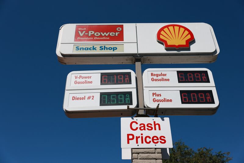 Premium petrol prices above $6 (€5.08) per gallon and diesel fuel prices above $7 (€5.93) a gallon are displayed outside of a Shell fuel station in West Hollywood, California. Photograph: Patrick T Fallon/AFP via Getty Images