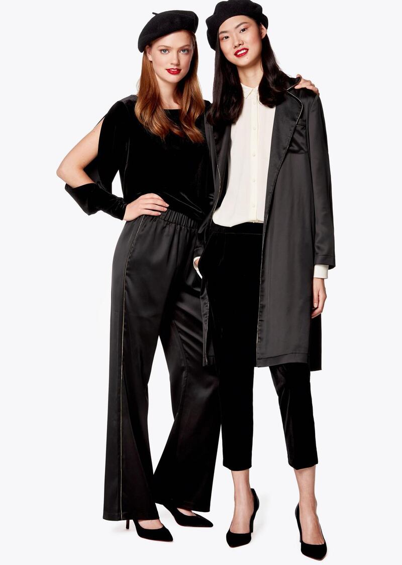 Black velour blouse  39,95, satin trousers  49,95, court shoes  89,95, white shirt  39.95. Kimono satin long jackets  69.95, velour trousers  59.95, white shirt  39.95 all from Benetton, St Stephen's Green, Dublin.