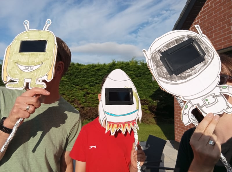 Tadhg (six) enjoyed watching the eclipse in Rosscahill, Galway, with his family using his homemade masks made with welding glass. Photo: Supplied