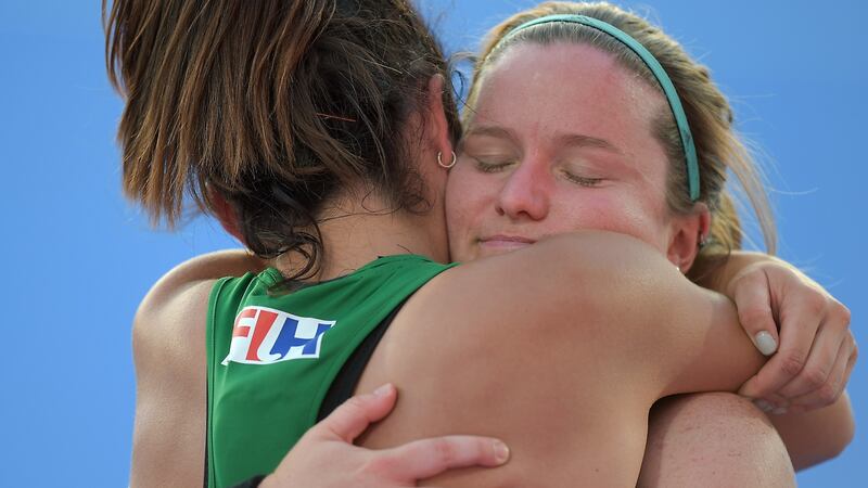Shirley McCay and Anna O’Flanagan celebrate after Saturday’s  semi-final penalty shootout against Spain. Photograph: Joe Toth/Inpho