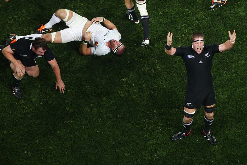 New Zealand's Brad Thorn celebrates victory against France at the 2011 Rugby World Cup final at Eden Park, Auckland. Photograph: Hannah Peters/Getty Images