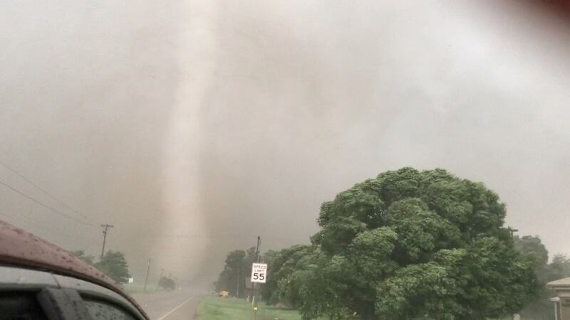 An image from a video posted on social media of a  tornado  in Mangum, Oklahoma. Photograph:  Lorraine Matti via Reuters