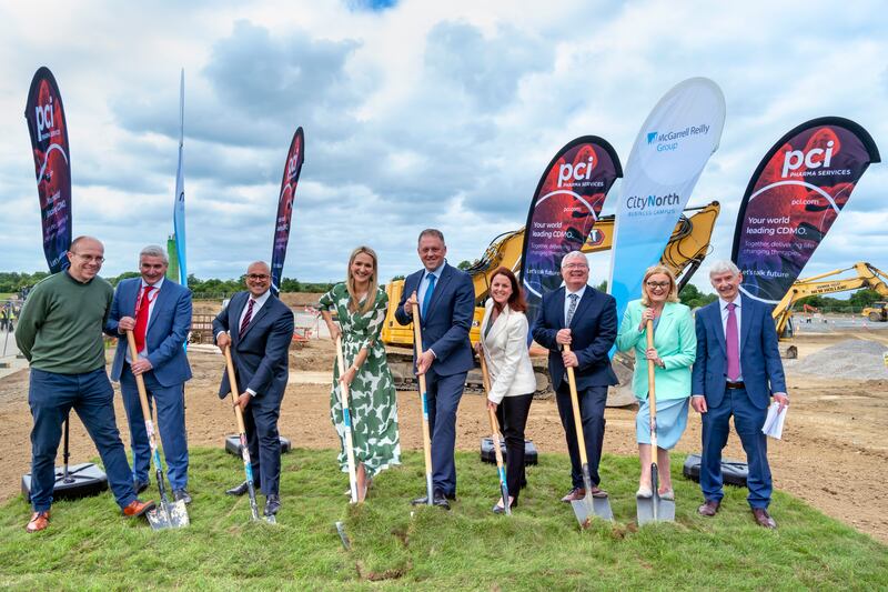 At the sod-turning ceremony for PCI's new facility at CityNorth were Darren O'Rourke TD, James McDermott and Gil Valadez of PCI, Minister Helen McEntee, Minister Thomas Byrne, Rachel Shelly of the IDA, Cllr Kieran Kehoe, Senator Sharon Keogan, and Sean Reilly.