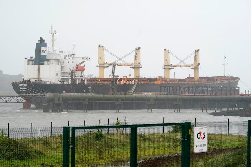 MV Matthew moored in Cork which is being searched after a "significant quantity" of suspected drugs were found onboard. Photograph: Niall Carson/PA Wire