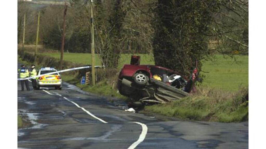 The scene of the accident in Muff, Co Donegal which claimed the
lives of Anthony Doherty (20) and his pasenger Róisín
Doherty (19), both from Derry. Three others were killed on Donegal
roads over the weekend and a woman died in Co Offaly.