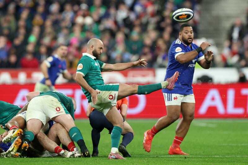 Ireland's Jamison Gibson-Park box kicks to relieve French pressure during Thursday's Six Nations match in Paris. Photograph: David Rogers/Getty Images