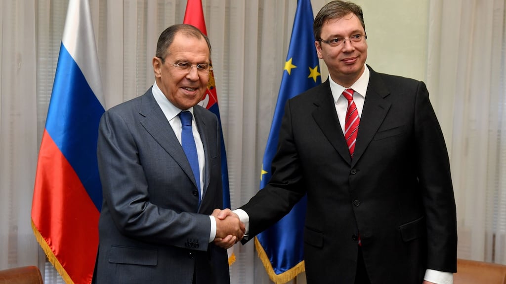 Sergei Lavrov with Serbian prime minister Aleksandar Vucic in Belgrade. Photograph: Andre J Isakovic/AFP/Getty Images
