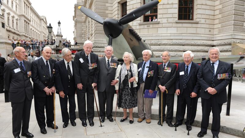 Battle of Britain veterans  with Dame Vera Lynn (C) outside the Churchill War Rooms, in London in 2010. Photograph: Facundo Arrizabalaga/EPA