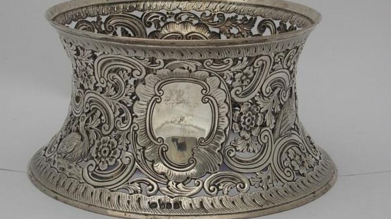 Silver dish ring, chased with swags, pheasants and flora, marked Dublin 1901 (Lot 232, €300-€500).