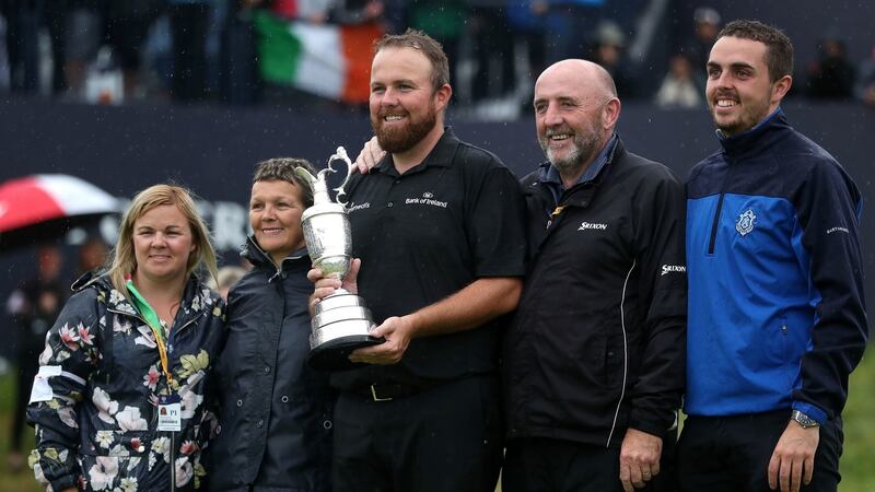 Shane Lowry celebrates with his  family after being presented  with the Claret Jug after winning the British Open at Royal Portrush. Photograph: David Davies/PA Wire