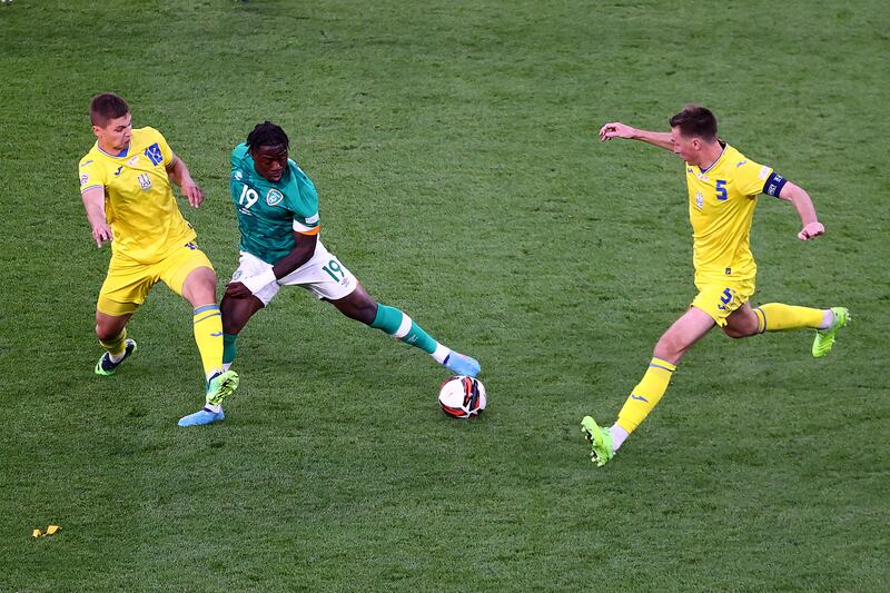 Ukraine's Illia Zabarnyi and Michael Obafemi of Ireland during the game at the Aviva Stadium earlier this week. Photograph: Bryan Keane/Inpho