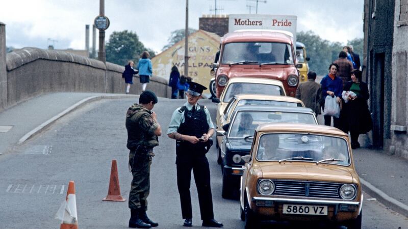 Royal Ulster Constabulary and British Army vehicle checkpoint in Strabane, County Tyrone during The Troubles in 1978. File photograph:  Alain Le Garsmeur/Getty Images