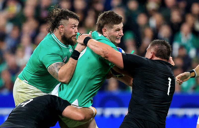 Ireland's Andrew Porter and Joe McCarthy in action during the Rugby World Cup quarter-final against New Zealand. Photograph: Dan Sheridan/Inpho
