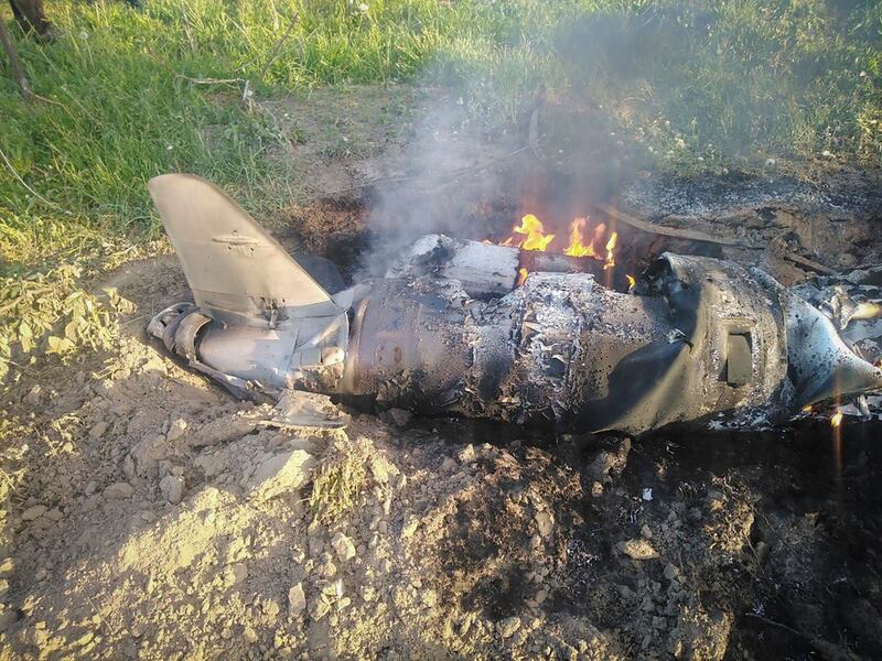 Fragments of a Russian rocket shot down by Ukraine’s air defence system are seen after a  night rocket attack in the Kyiv region. Photograph: Ukrainian Police Press Office/AP
