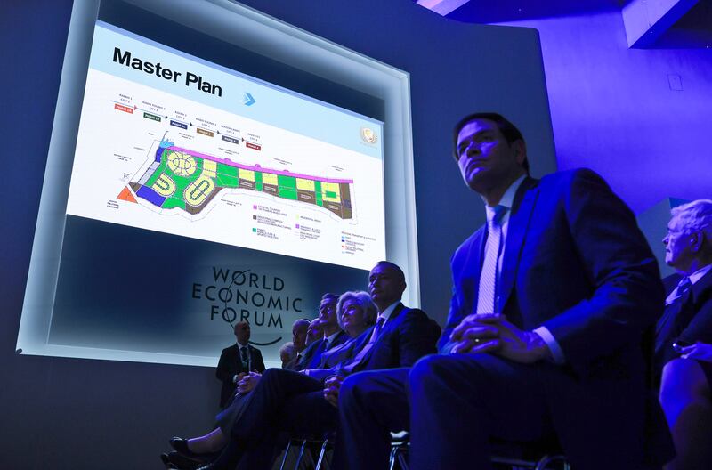US secretary of state Marco Rubio listens to a presentation by Trump administration officials about post-war Gaza in Davos last week. Photograph: Chip Somodevilla/Getty Images