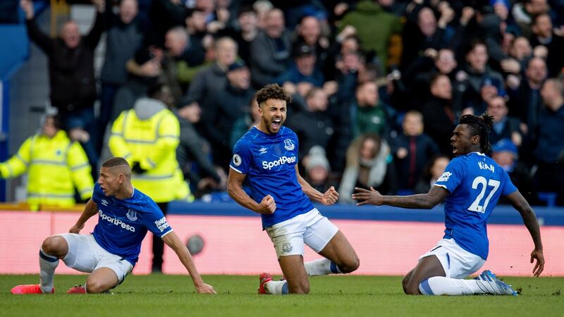 Calvert-Lewin celebrates his last minute goal before it was disallowed. Photo: Peter Powell/Getty Images