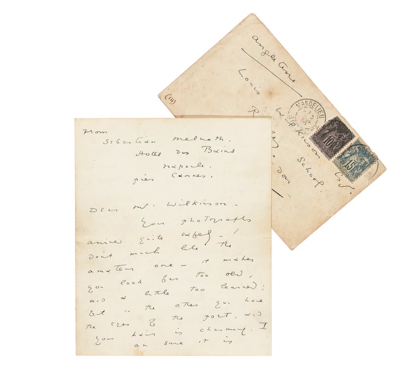 From Oscar Wilde: Autographed letter signed 'O’ and ‘Sebastian Melmoth’ to Louis Wilkinson, from Hôtel des Bains, La Napoule, Cannes, postmarked February 3rd, 1899. Archives Ville de Mandelieu / Fonds AVFM