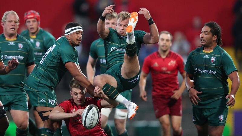 London Irish’s Jack O’Sullivan clears out during a pre-season friendly against Munster at Irish  Independent Park in  Cork, in August 2018.  Photograph: Billy Stickland/Inpho