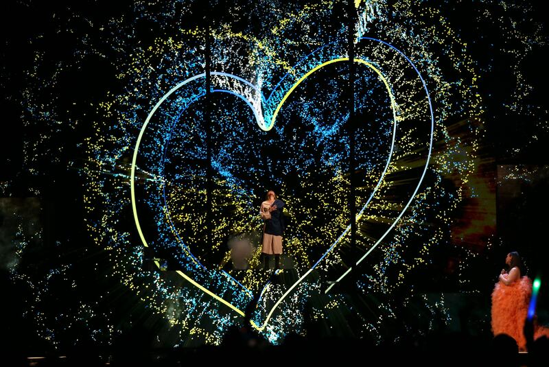 Ukrainian singer Alyosha (left) and British singer Rebecca Ferguson perform during the interval as viewers at home vote. Photograph: Adam Vaughan/EPA